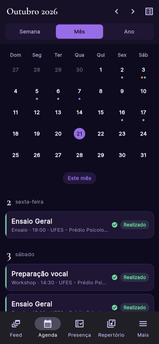 Calendário mensal da Agenda